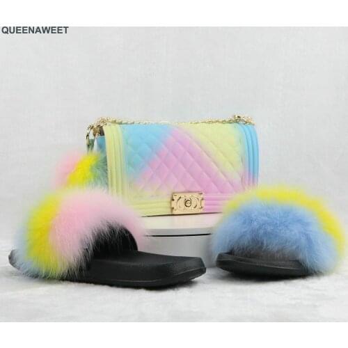 New Women Fur Slides with bag Summer Shoes Home Woman Luxury Furry Slippers Indoor Female Sandals Fluffy Cute with Hairball