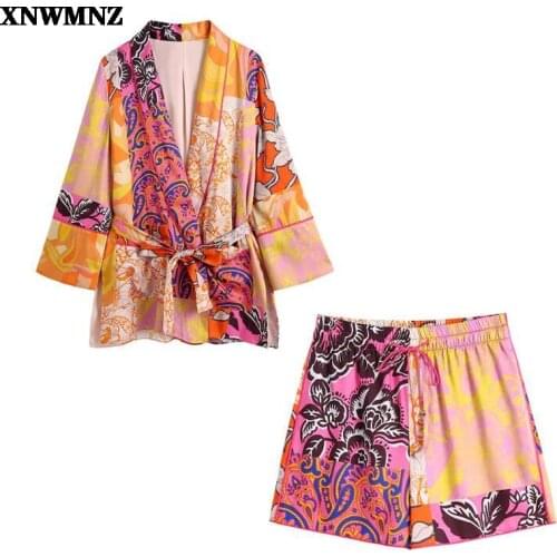 Women Fashion printed cardigan coat with pockets Vintage with belt long sleeve Side Vents Shirts Tops or Woman high-waist shorts