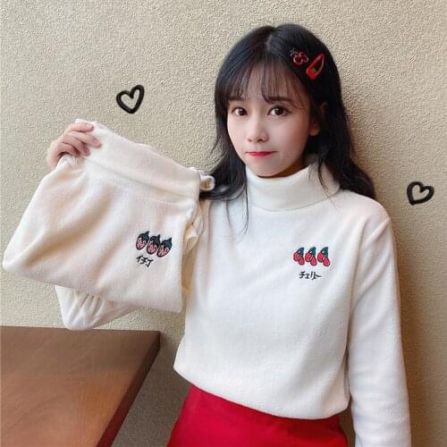 Autumn and Winter New Japanese Soft Girl Cute Embroidered Turtleneck Plus Velvet Bottoming Shirt Kawaii Long-sleeved T-shirt Top