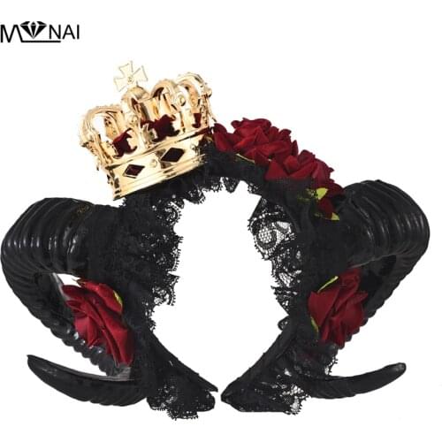 Handmade Halloween Adult Devil horns Red Floral Headband Fancy Dress Crown Hairband Ladies Goth Headpieces Costumes Steampunk