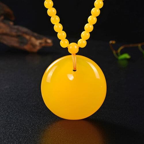 [certificate] Natural Stone Amber Beeswax Pendant Men and Womens Chicken Oil Yellow Beeswax Necklace Sweater Chain Pendant