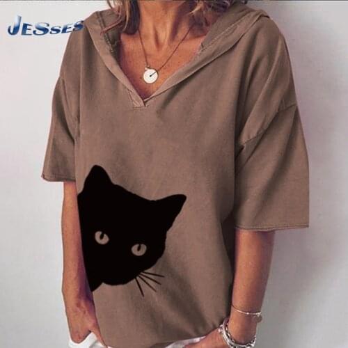 Short Sleeves Hoodies Streetwear For Ladies Spring Harajuku Cute Cat Print Sweatshirt Mujer 2XL Large Size Pullovers Cotton Tops