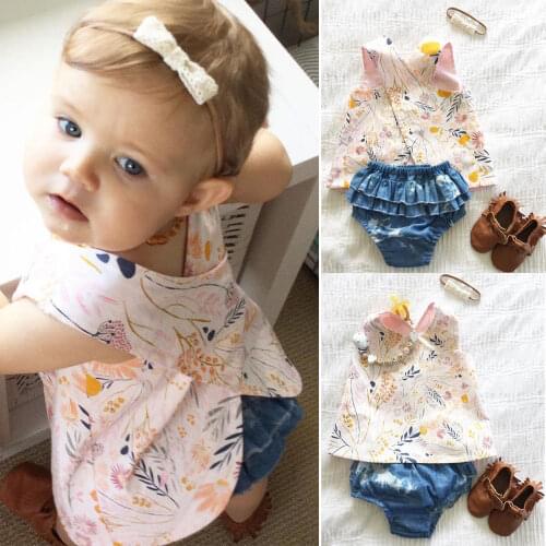 US Stock Baby Girls Sleeveless Pullover Floral Loose Top Ruffle Bottom Shorts With Headband Toddler Kids 3Pcs Set 0-3T