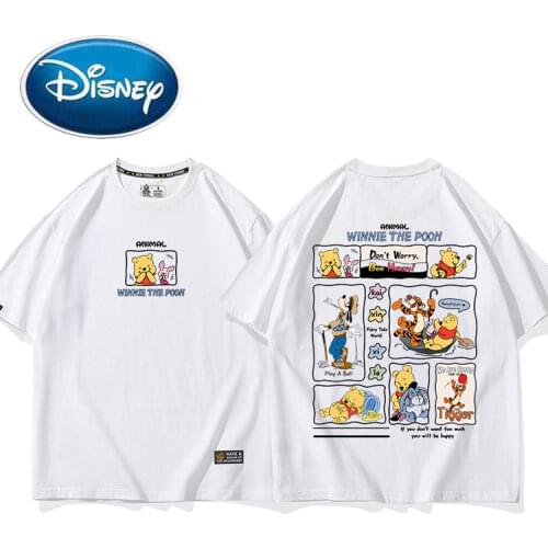 Disney Fashion Front Back Winnie the Pooh Bear Cartoon O-Neck Women T-Shirt Unisex Couples Cotton Tee Short Sleeve Tops 7 Colors