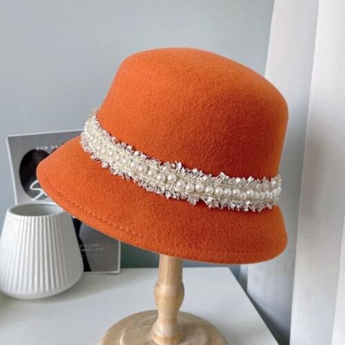 New Elegant Color Wool Top Hats For Women Fashion Street Lolita Hat Pearl Decoration Basin Bucket Hat Cloche Hat Fedora Cape