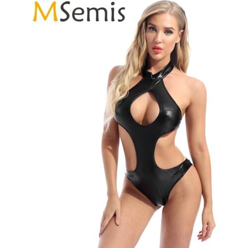 Women Fashion Halter Hallow Out Bodysuit Patent Leather Wet Look One-piece Leotard Backless Jumpsuit Teddies for Lingerie Party