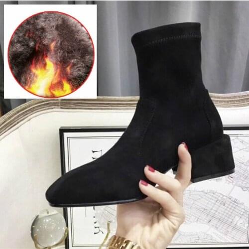 QWEDF 2019 Women Autumn Winter Flock Ankle Boots Slip-on Round Toe Square Heel Solid Casual Black Camel Booties X11-48