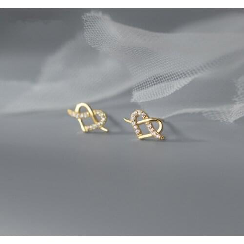 KAMIRA 925 Sterling Silver Romantic Geometric Love Heart Twisted White Zircon Stud Earrings for Women Charms Anniversary Jewelry