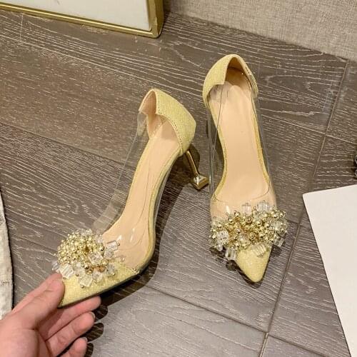 2021 New Gold Beads Women Pumps Summer Transparent PVC High Heels Sexy Pointed Toe Wedding Party Fashion Shoes For Lady Size 41