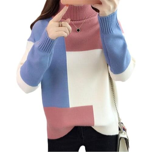 Korean New High Collar Women Long-sleeve Contrast Color Warm Sweaters Autumn Winter Sweater Womens Pullover Bottom Sweaters