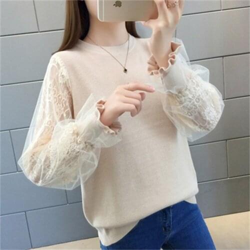 2021 Sweaters Female Spring Autumn New Ladies Loose Lace Sleeve Pullover Sweater Women O-Neck Casual Knitted Jumper H525