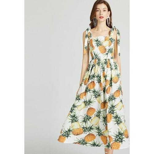 2021 Summer Fashion Elegant Vacation Dress Women Spaghetti Strap Pineapple Print Bohemian Midi Dresses