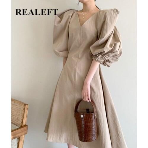 REALEFT 2021 New Summer Puff Sleeve Chic Womens Dresses Elegant V-Neck Korean OL Casual White Loose Midi A-Line Dress Ladies