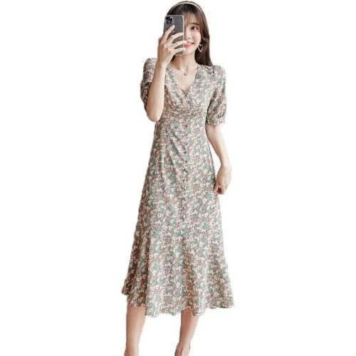 Summer Chiffon Floral Dress Women French Korean Fashion High Waist Elegant Bodycon Retro Vintage Evening Party Sexy Midi Dresses