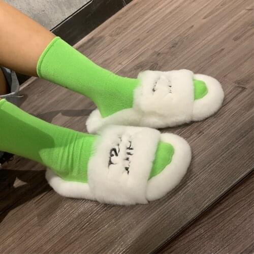 Winter warm women real fur slides ladies rex rabbit fur slippers flurry slides