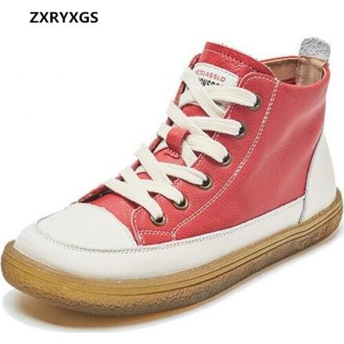 ZXRYXGS Full Genuine Leather Autumn Shoes Women Sneaker Shoes High Top Ankle Boots Soft Comfort Fashion Casual Shoes Woman Flats