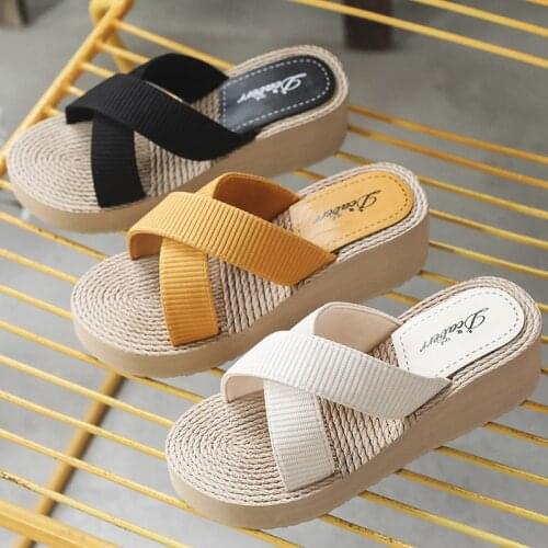2021 Summer Cross Hemp Thong Platform Wedges Women Slippers Indoor Outdoor Beach Slides High Heels Basic Shoes for Women