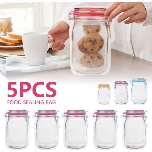 5Pcs Reusable Mason Jar Bottles Bags Nuts Candy Cookies Bag Waterproof Seal Fresh Food Storage Bag Snacks Sandwich Zip Lock Bags