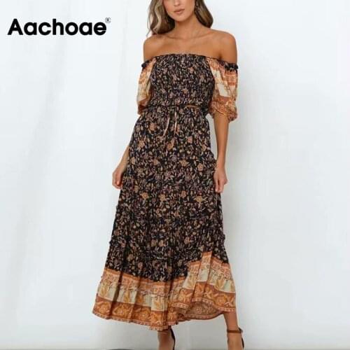 Aachoae Bohemian Floral Print Summer 2 Piece Set Women Off Shoulder Crop Top Sets Ruffles Midi Skirts Ladies Vintage Outfits