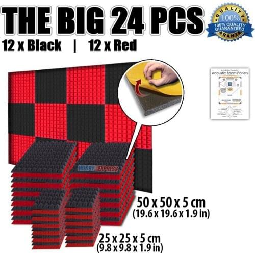 Arrowzoom Red and Black 19.6*19.6*1.9" / 9.8*9.8*1.9" 24 pcs Pyramid Studio Acoustic Panel Soundproof Foam with Adhesive KK1053