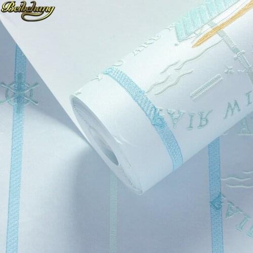 Beibehang Cartoon sailboat wallpaper living room wallpaper for kids room bedroom modern minimalist blue stripes wall paper 3D