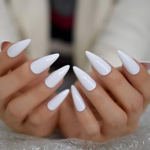 White Pointed Pure False Nail Tips Designed Shiny Artificial Nails Decoration Salon DIY Snow Adult Acrylic Fingernails