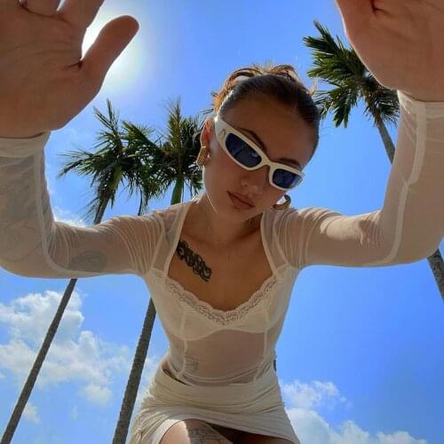 BKLD Square Collar Sexy Black White Fishnet See-through Mesh Long Sleeve Tees Summer New Fashion Lace Stitching Crop Top T-shirt