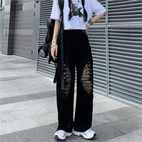 New Loose Casual Pants Women Fashion 2021 Spring and Autumn High Elastic Waist Black Hollow Butterfly Print Long Harem Pants