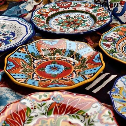European Style Painted Flower Ceramic Dinner Plate Kitchen Tableware Set Steak Pasta Plate Cooking Dish Household Storage Tray