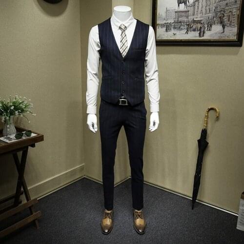 Formal Business Man Office Work 3pcs Dress Suit Groom Striped Slim Fit Double Breasted Wedding Suits High Quality Costume Homme