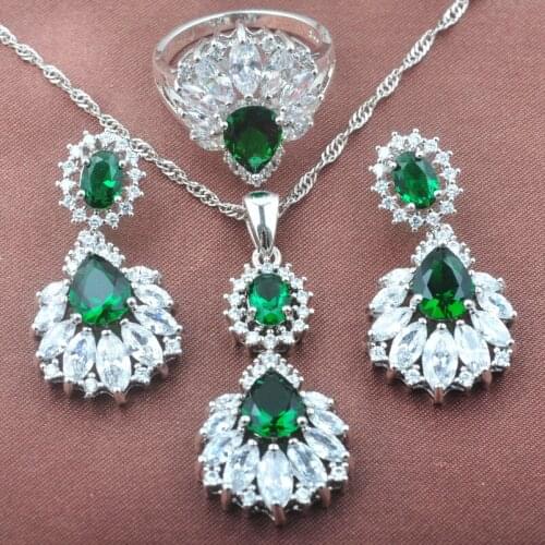 AAA Quality Green Zircon White CZ Womens Silver Color Jewelry Sets Necklace Pendant Earrings Ring TZ0476