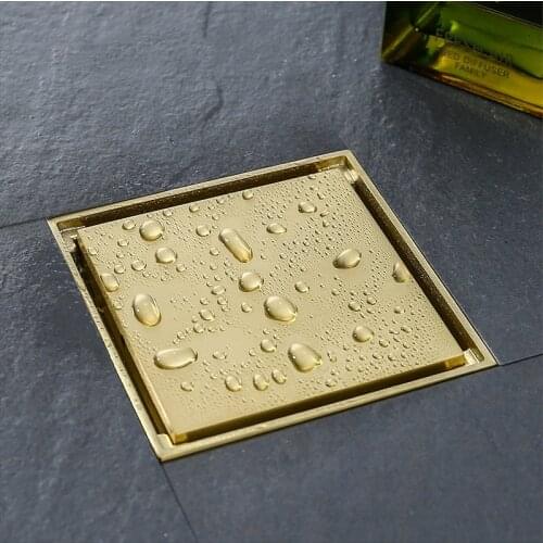 Brass Floor Drains Shower Floor Brushed Gold Drain Bathroom Deodorant Square Waste Drain Strainer Cover Grate 100X100