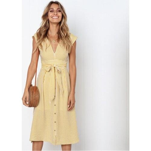 Summer Dress Deep V-neck Sleeveless Striped Elegant Women Dress Bow Tie Sashes Knee-Long Dresses Casual Beach Dress Female 2021