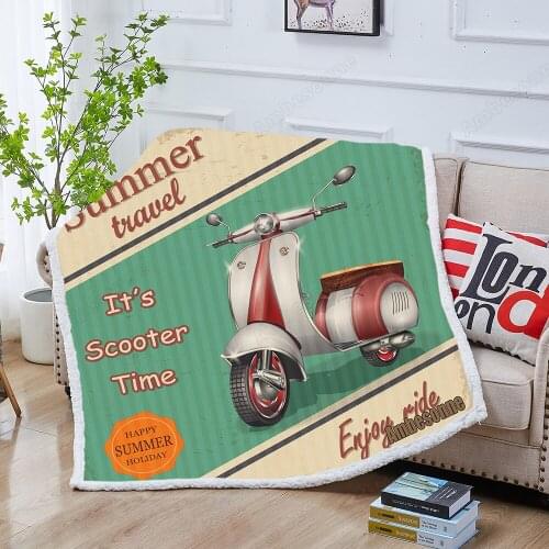 Summer Travel Retro Poster with Scooter Sherpa Blanket for Kids Print on Demand Plush Throw Blanket Sofa Thin Quilt