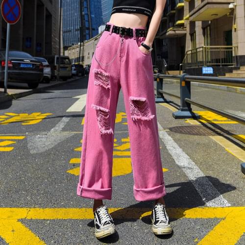 Summer Pink Jeans For Women Holes Ripped Beggar Belted Loose Wide Leg Denim Pants Straight Full Length Jean Trousers P156