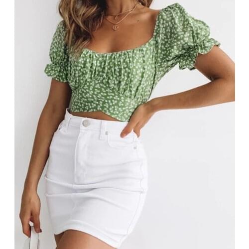 Summer Holiday Cropped Shirt Top Floral Pattern Short Sleeve Low-Cut Square Collar Back Bandage Slim Fitting Chic Blouse Top