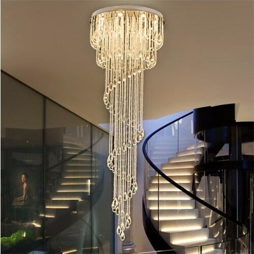 Double spiral staircase lustre crystal ceiling chandelier lighting restaurant hotel hall loft long illumination lights