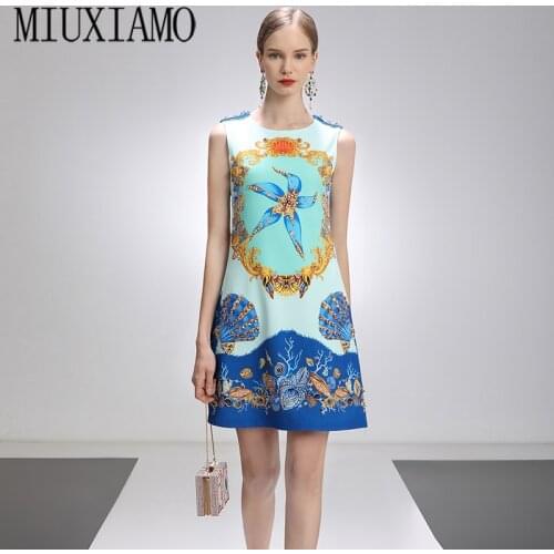 MIUXIMAO 2021 Spring Summer Party Dress Starfish Shells Diamonds Above Knee Tank Office Lady Blue Casual Dress Women Vestidos