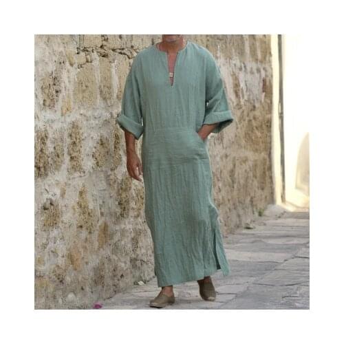 Islamic Traditional Jubba Thobe Men Abaya Linen Muslim Robes Dubai Arabic Kaftan Clothing Qamis Homme Arab Turk Gown Hijab Dress