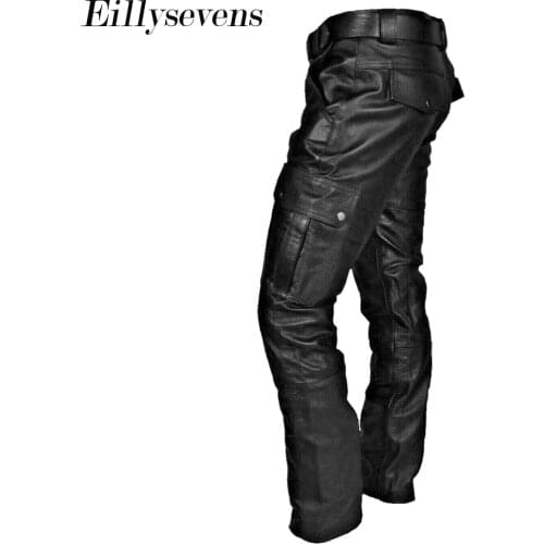 Steampunk Motorbike Style Side Lace Up Leather Pants Black Gothic Punk Jeans Cowboy Biker Rock Reenactment Trouser For Men