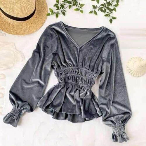 Fall Spring Fashion Womens V Neck Black Grey Wine Red Lantern Long Lseeve Velvet Top Shirt , Woman Ruffles Velour Tshirt Tops