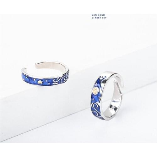 Sole Memory Van Gogh Starry Sky 925 Sterling Silver Female Resizable Opening Romantic Couple Rings SRI519