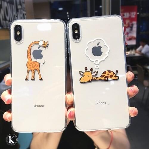 Cute Cartoon Animal Giraffe Clear Phone Case For iPhone 11 Pro Max 12 Mini X XS XR 7 8 Plus 6S Couple Transparent Soft TPU Cover