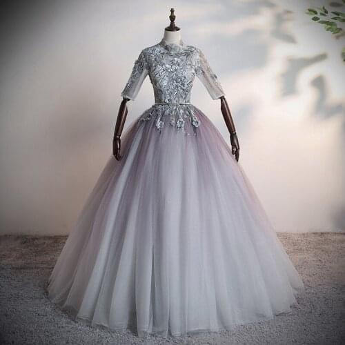 Luxury grey stand collar embroidery ball gown princess medieval long dress Renaissance gown queen Victoria/customs making