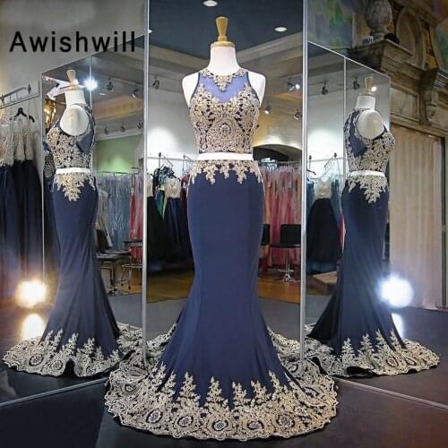 Sexy Long Prom Dress Mermaid See Through Back Scoop Neckline Beaded Gold Lace African Two Piece Prom Gown Formal Dress Elegant