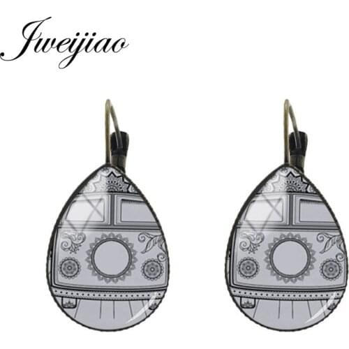 JWEIJIAO Sun Flower Bus City Car Pattern Earrings Water Drop Glass Cabochon Dome Ear Clip Earrings Fashion Women Jewelry CT121