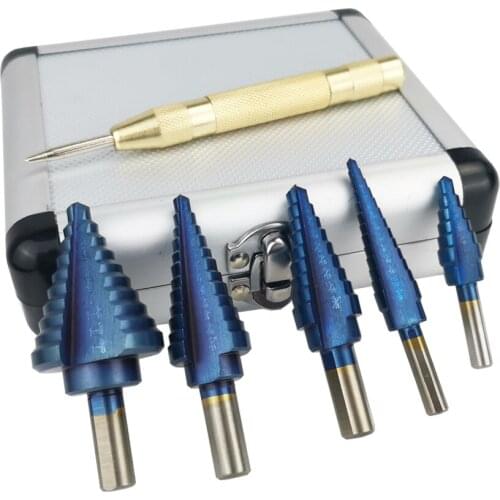 ALLSOME 6Pcs HSS Nano Blue Coated Step Drill Bit With Center Punch Set Hole Cutter Drilling Tool HT2887