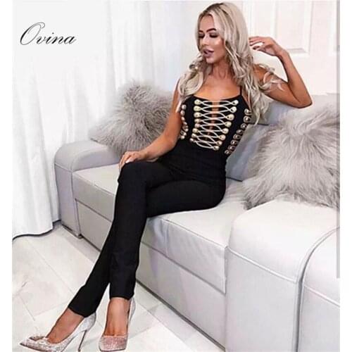 Top Quality Mini Strapy Gold Button Sleeveless Bandage Women Jumpsuit