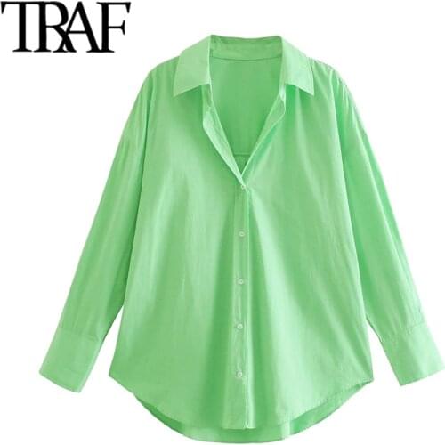 TRAF Women Fashion Oversized Asymmetric Blouses Vintage Long Sleeve Button-up Female Shirts Chic Tops