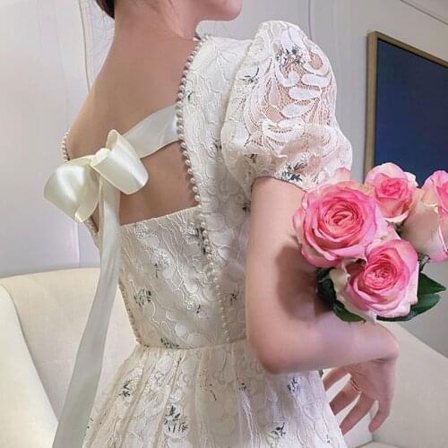 Vintage Retro Women French Style Elegant Lace Fairy Dress Casual Slim Party Dress 2021 Sexy Backless Bow Womens Clothing